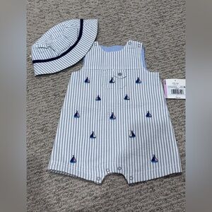 Little Me Blue and White Striped Hat and Romper Set. Sailboat